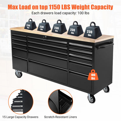 GarveeTech 72 Inch Heavy-Duty Rolling Tool Chest & Mobile Workbench with 15 Drawers, Rubber Wood Tabletop, Locking System, Drawer Liners and Wheels, Steel Storage Cabinet for Garage, Workshop, Black