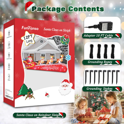 FunFanso 12FT Christmas Inflatable Santa Claus on Sleigh with 3 Reindeers Outdoor Decorations, Giant Christmas Blow Up Yard Decorations with Bright LED Lights for Lawn Street Garden Xmas Holiday Party