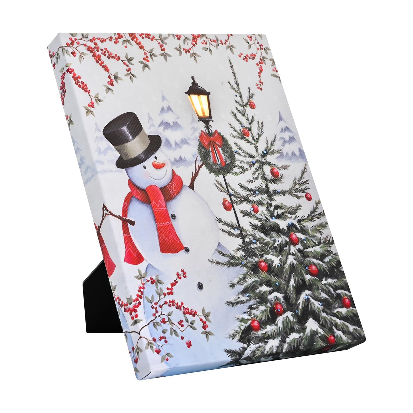 DEMAGNNIE Light Up Canvas Prints w/Timer - 8"x6" Snowman Decor w/Lamp Post LED Christmas Pictures w/Fiber Optic Lights Run by Batteries - Mini Wall Art Painting Print Standing Framed for Tabletop