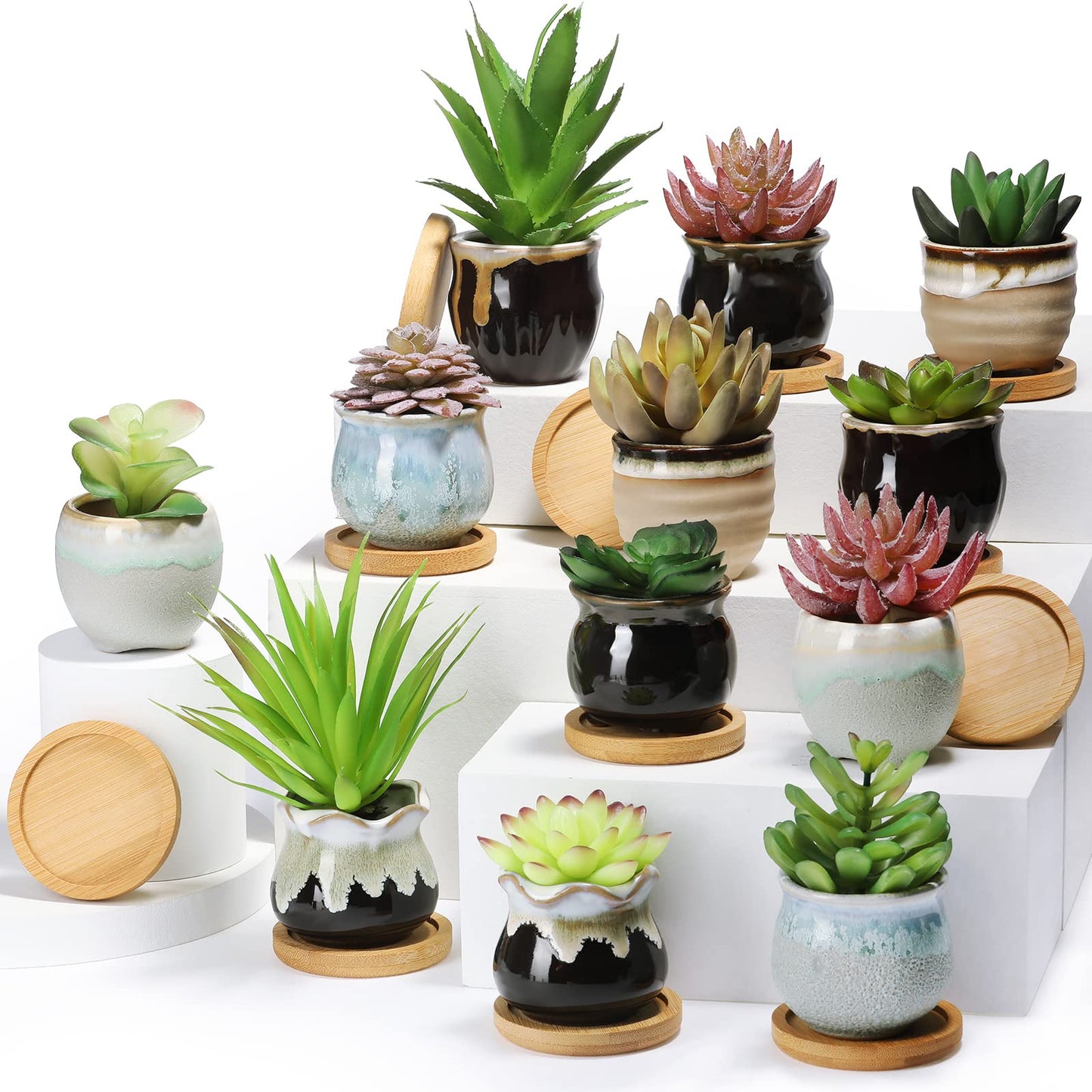 Remerry 18 Pcs Small Succulent Pots Bulk with Drainage 2.5 Inch Assorted Mini Ceramic Succulent Planters Pot with Coaster Bamboo Plant Tray Planting Pots for Home Office Garden