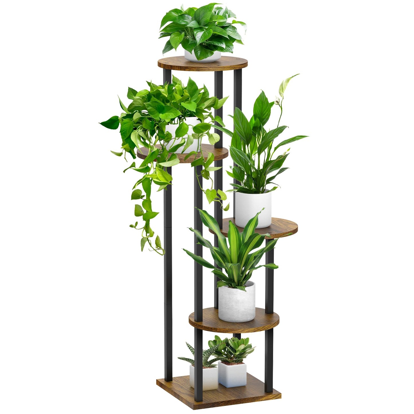 SMFANLIN 5 Tier Plant Stand Indoor, Metal Wooden Tall Plant Shelf Flower Pot Stand for Multiple Plants, Corner Flower Holder Plant Display Rack for Living Room Balcony Patio Garden (Rustic Brown)
