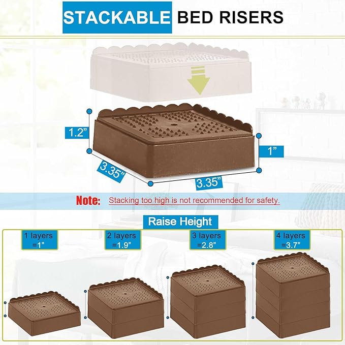 Bed Risers 1 inch, 2 inch, 3 inch, 4 inch Heavy Duty, Adjustable Furniture Riser