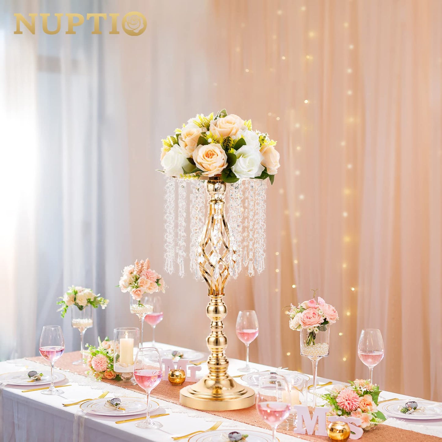 2 Pcs 19.3 inches Gold Centerpieces Table Tall Crystal Flowers Stand Wedding Road Lead Flower Holders Crystal Chandelier Metal for Reception Tables Supplies