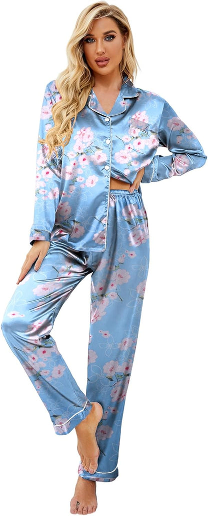Ekouaer Women's Classic Button Down Long Satin Silk Pajama Set