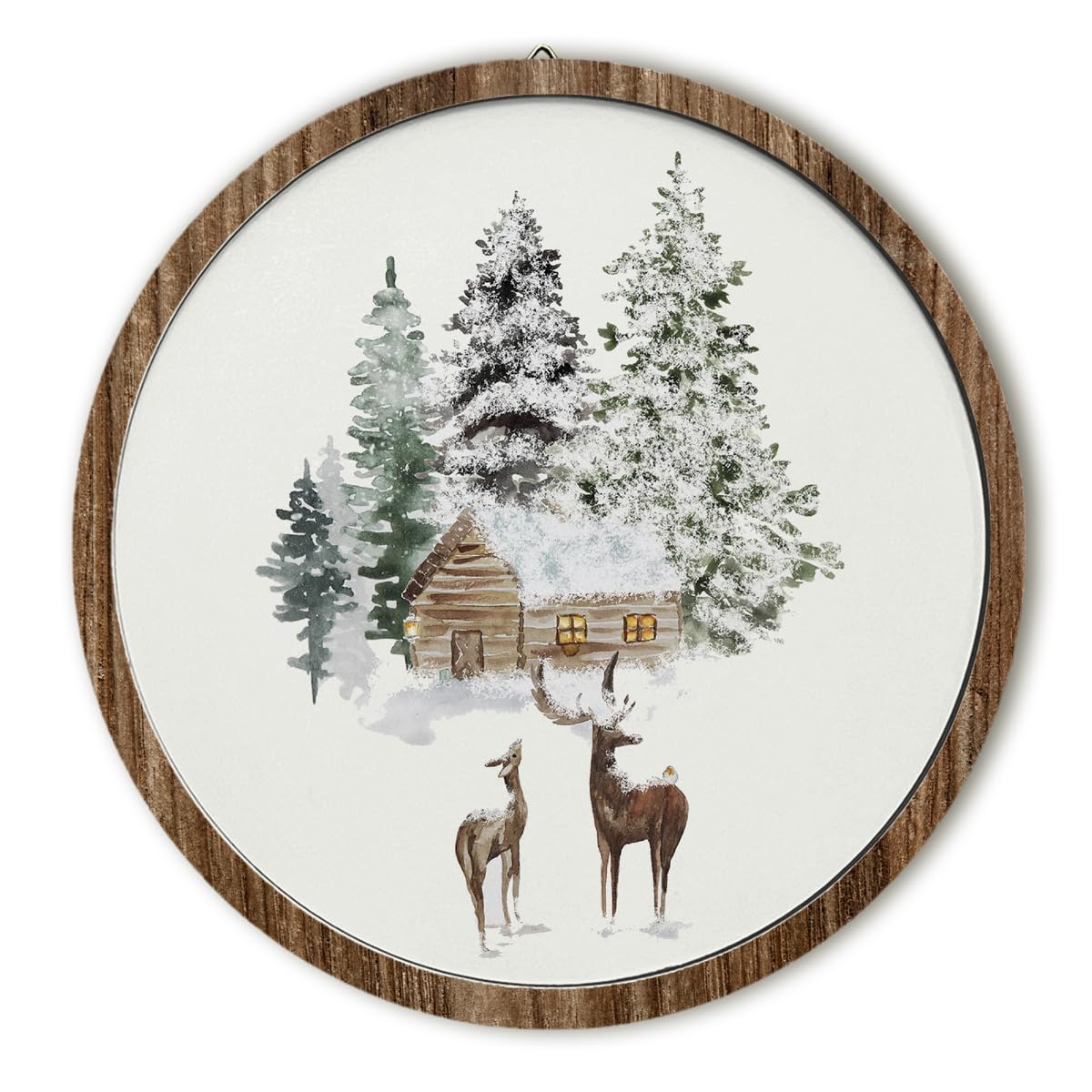 QUICQOD Winter Reindeer Christmas Wall Art Decor, Rustic Farmhouse Forest Deer Animal Winter Cabin Christmas Round Wooden Decorations Wall Hanging for Home Bedroom Living Room Decor, 9.8x9.8 Inch