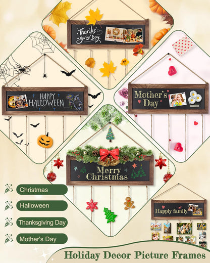 Bikoney Picture Frames Collage Photo Hanging Display Picture Board Wood Rustic Frames for Wall Decor and Dorm Room Decor with Blackboard and 30 Clips Carbonized Black