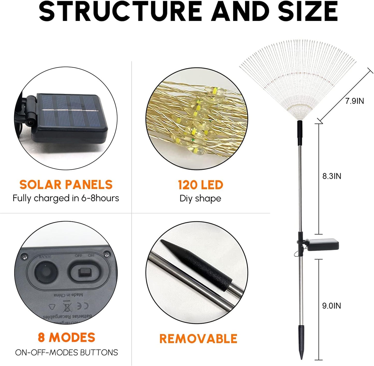 Solar Garden Firework Lights Outdoor Waterproof 2 Pack Solar Powered Art Stake Twinkle Lighting for Outside Decor, 120 LED Sparklers String Lights for Yard Party Decorations (Warm White)