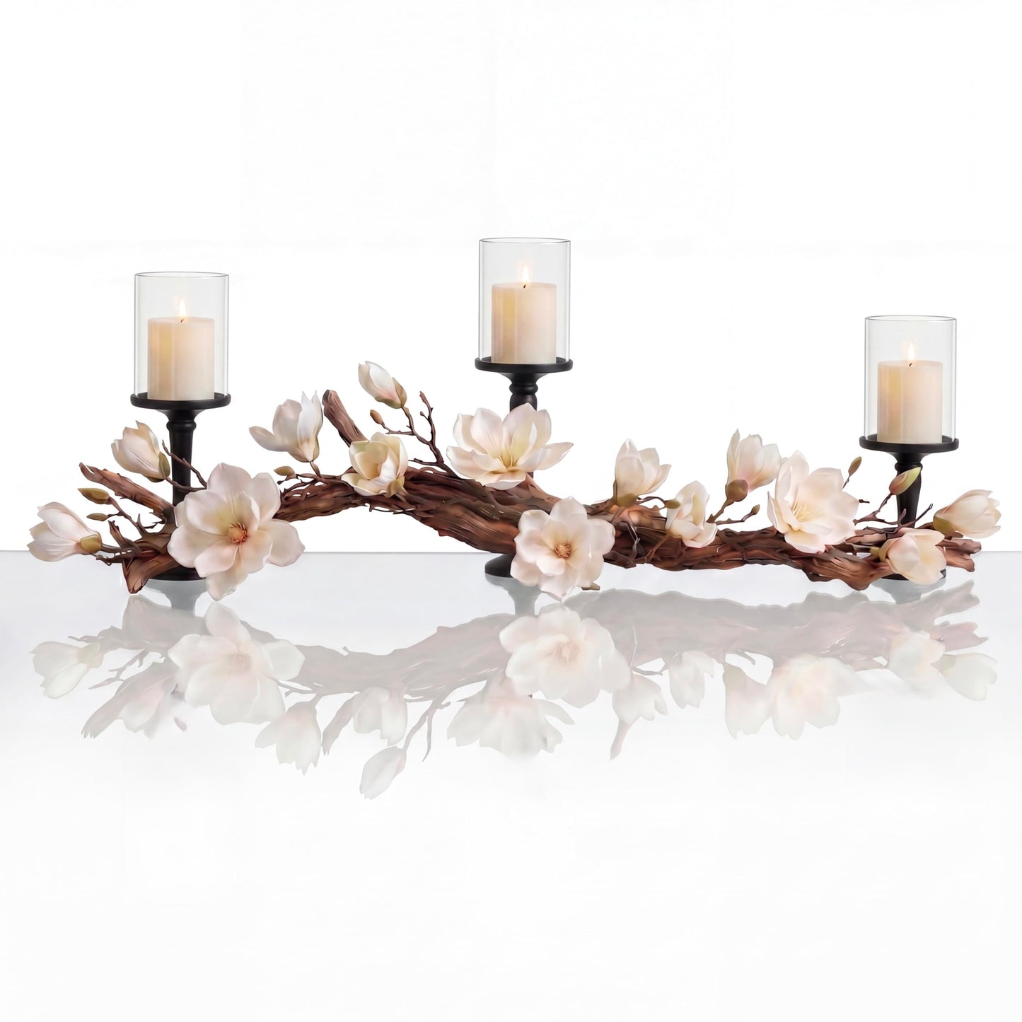 Modern Dining Table Centerpiece, Magnolia Driftwood Candle Holder Set Black