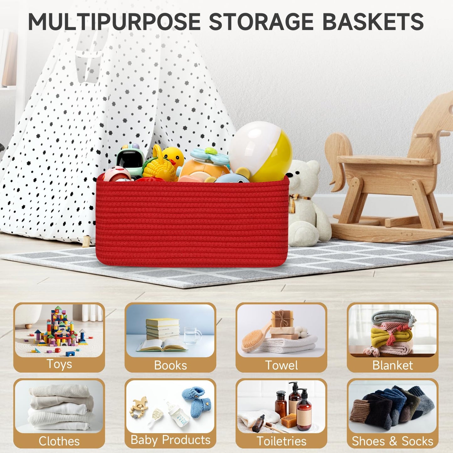Maxuni 3-Pack Small Storage Baskets for Organizing | Woven Shelf Toy Basket | Rope Baskets for Gifts Empty | Closet Organizer Bins with Handles | Cube Decorative Box | 11.8×7.8×5.1” | Christmas Red