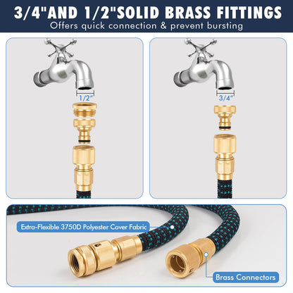 Expandable Garden Hose 100ft - Expanding Water Hose with 10 Function Nozzle, 4 Layer Latex and 3/4'' Solid Brass Fitting, Easy Storage Garden Water Hose