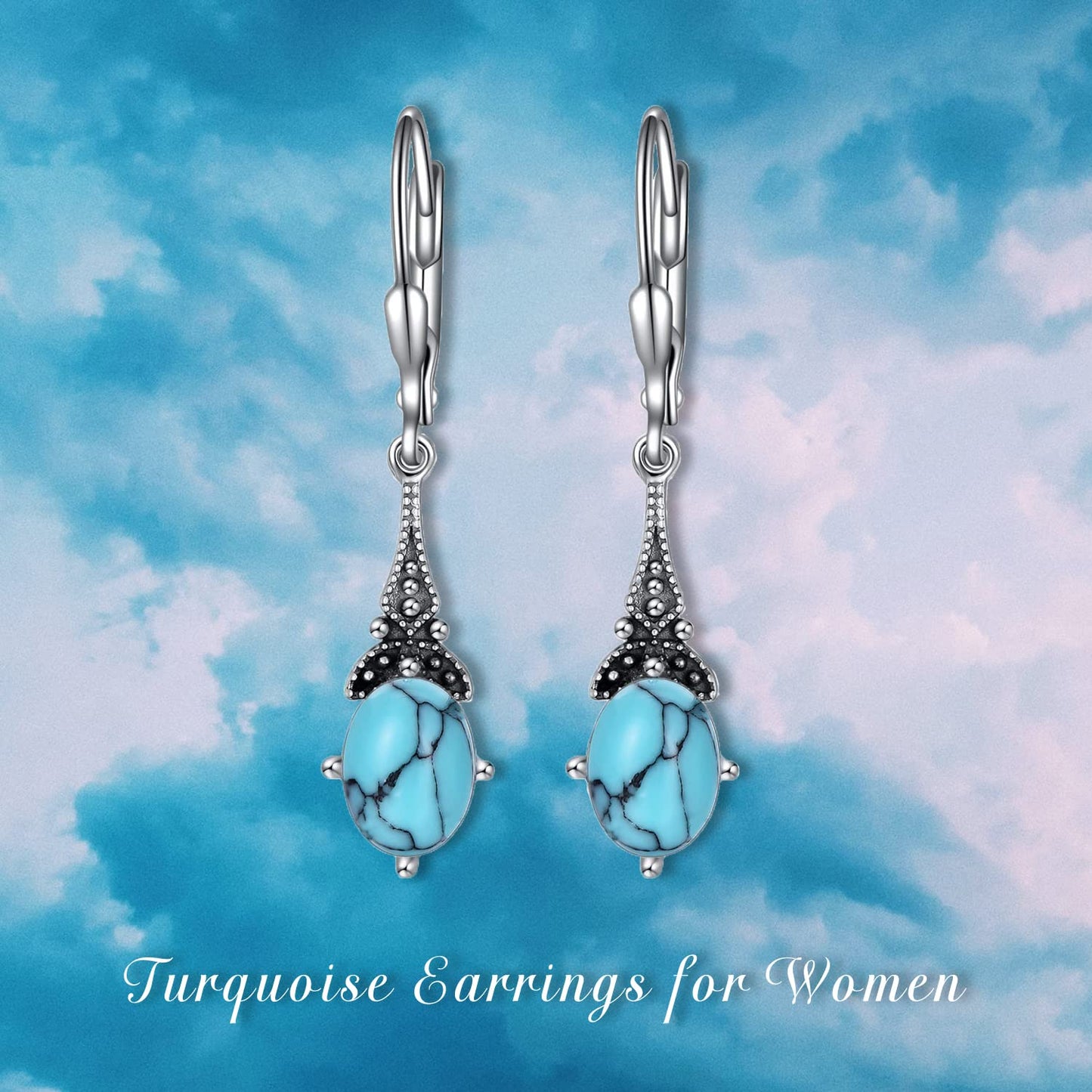 Turquoise Earrings for Women Sterling Silver Vintage Retro Dangle Drop Leverback Earrings with Oval Created Turquoise Blue, Jewelry Gifts for Women