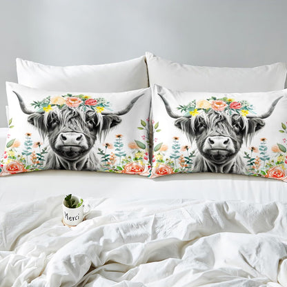 Highland Cow Bed Sheet Set for Girls Boys Kids Bull Cattle Flowers Bedding Set Wild Animal Fitted Sheet & Pillow Sham Set Floral Room Decor Wildlife Farmhouse Cow Bed Cover No Flat Sheet Twin Size