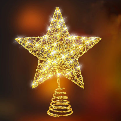 8 inch Christmas Tree Toppers Gold Glitter Star Metal Lighted with 20 LED Lights for Xmas Decorations, Holiday Party Indoor Bar Office Decor