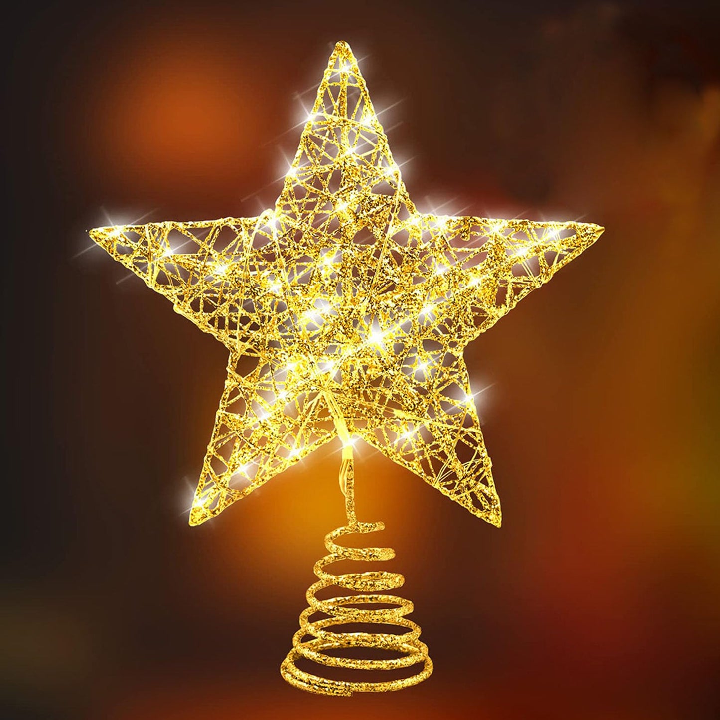 8 inch Christmas Tree Toppers Gold Glitter Star Metal Lighted with 20 LED Lights for Xmas Decorations, Holiday Party Indoor Bar Office Decor
