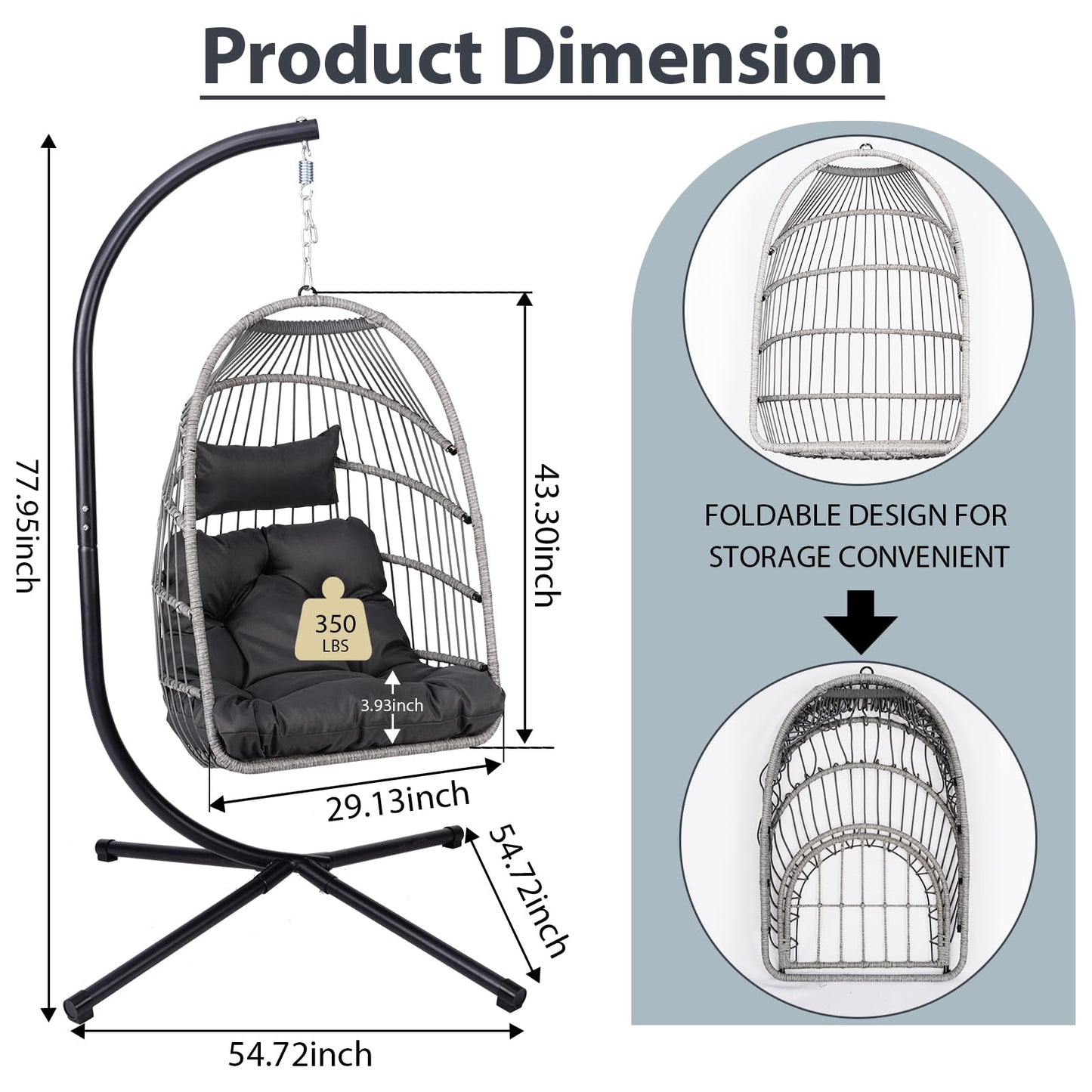 GDFStudio Outdoor Egg Hanging Chair with Stand, Patio Wicker Swing Egg Chair Indoor Outdoor Hammock Chair, 350 lbs Capacity, Black Gray