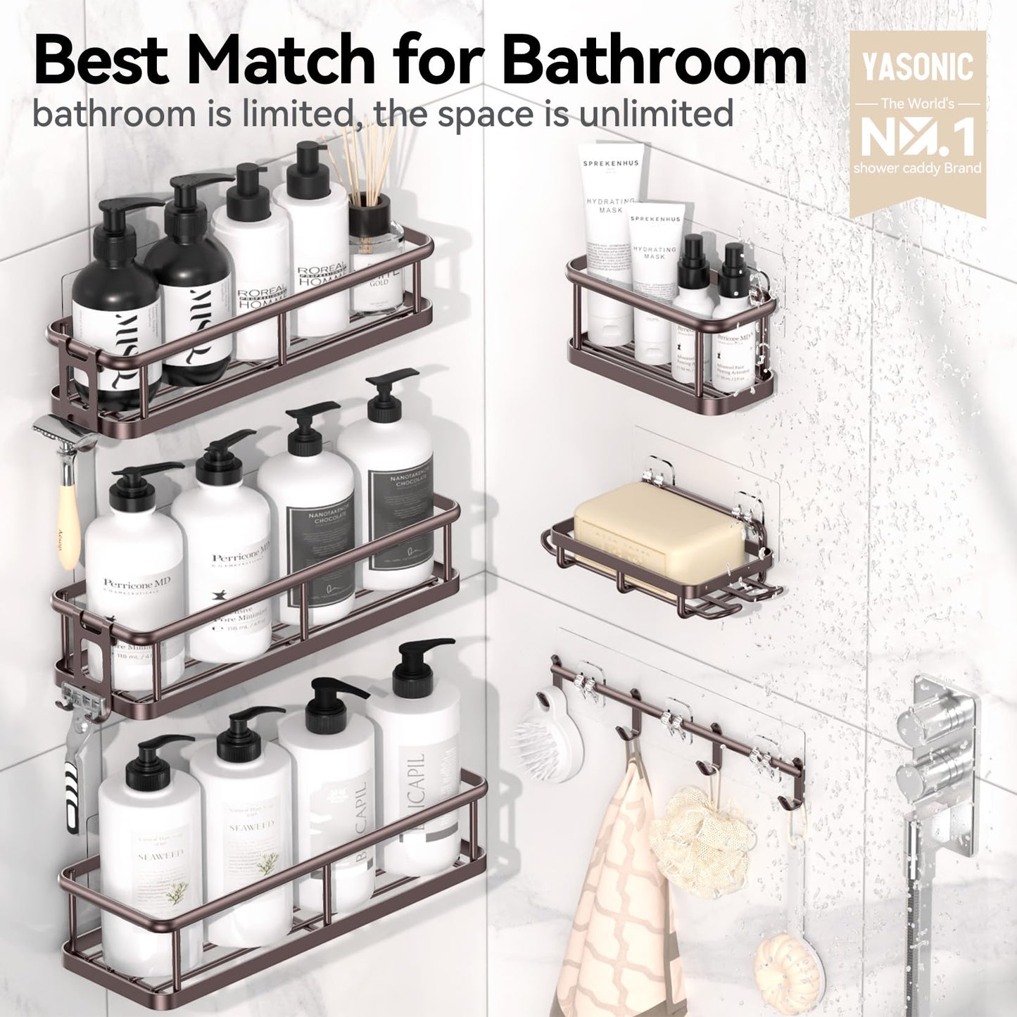YASONIC Shower Caddy, 100% Rustproof Shower Shelves for Inside Shower, No Drilling Bathroom Organizers and Storage, 6 Pack Large Capacity Bathroom Shelves for Kitchen & Home Decor