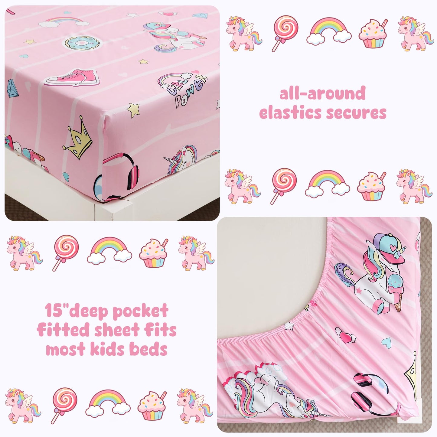 Ocharo Kids Pink Unicorn Full Size Sheet Set,4 Pieces Soft Microfiber Bed Sheets with Rainbow Stars Pattern,Deep Pockets Wrinkle Free,Breathable Fitted Sheet Fade Resistant for Toddlers