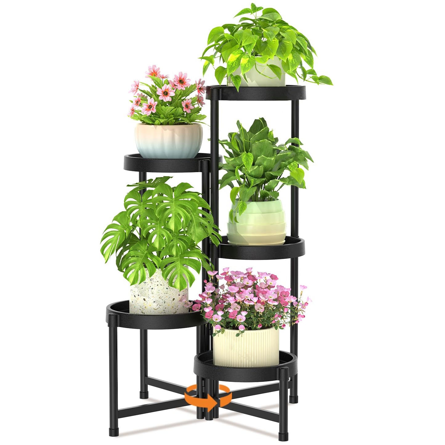 LASZOLA 5 Tiered Plant Stand Indoor Outdoor with Plastic Tray, Corner Folding Tall Flower Display Rack, Modern Plant Holder Shelf for Outdoor Patio Porch Garden Office Living Room, Black
