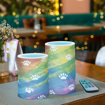 Animal Dog Cat Paw Prints on Rainbow02 Flickering Flameless Candles Battery Operated with Remote Timer,Tea Light Candles LED Pillar Votive Candles Set of 2 for Outdoor Indoor Decorations