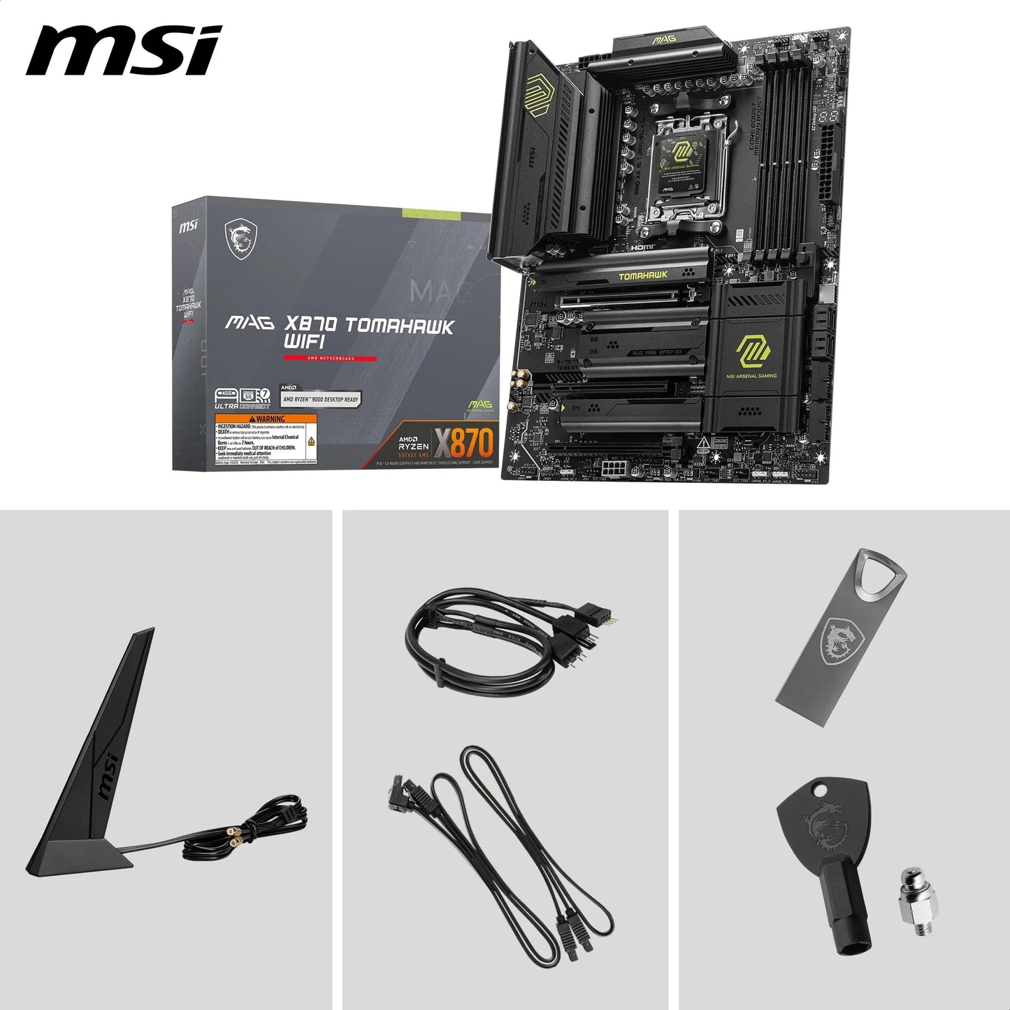 MSI MAG X870 TOMAHAWK WIFI Motherboard, ATX - Supports AMD Ryzen 9000 / 8000 / 7000 Processors, AM5 - 80A SPS VRM, DDR5 Memory Boost 8400+MT/s (OC), PCIe 5.0 x16 & 4.0 x16, M.2 Gen5, Wi-Fi 7, 5G LAN