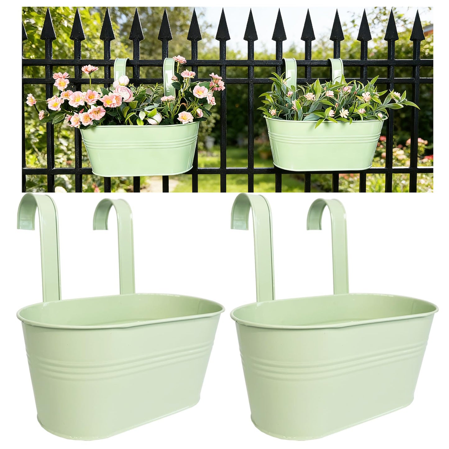 Joyfernal Balcony Hanging Planters Flower Pots, 10" Metal Flower Pots for Outdoor Balcony Rails, Fence Pot Hanging Plant Holders with Detachable Hooks for Garden Patio Yard Decor (Mint Green, 2Pcs)