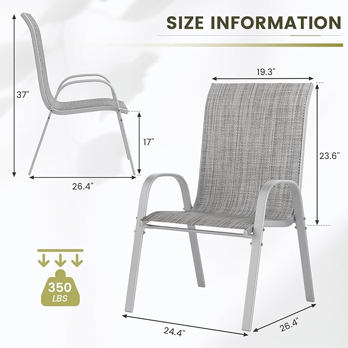 UDPATIO Patio Chairs Set of 2, Stackable Silver Outdoor Dining Chairs with High Back, Breathable Textilene Fabric Outdoor Chair All Weather, 350LBS Capacity for Garden, Backyard (Light Grey)