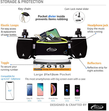 AiRunTech Hydration Running Belt with Bottles Zero Bounce Design for Running, Triathlon, Marathon, 10K, 5K, Trail Fit for Most Smartphones(2 * 10OZ bottle)