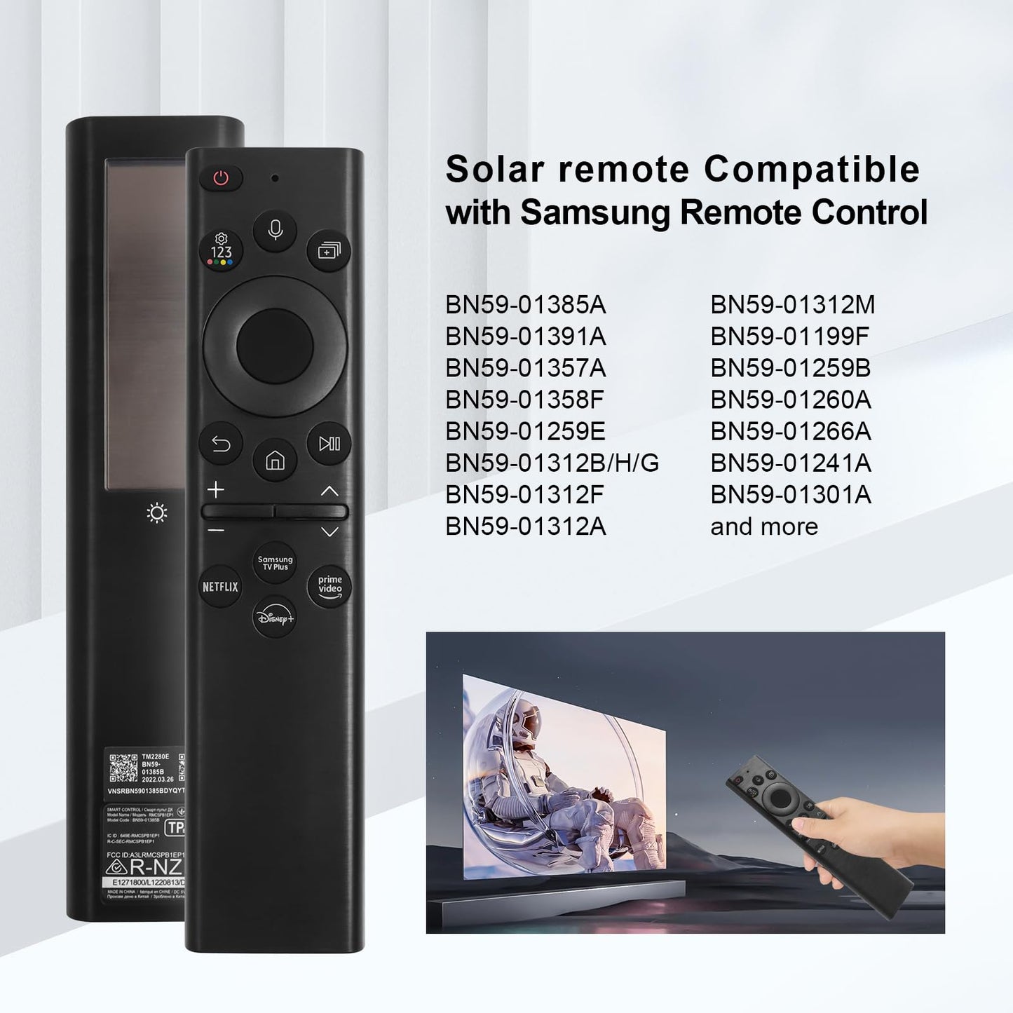 BN59-01385A Solar Voice Remote for Samsung TV Remotes Replacement with Bluetooth Rechargeable Solar Cell Fit for Samsung Remote Control for Smart TVs Frame Neo LED Ultra HD Series