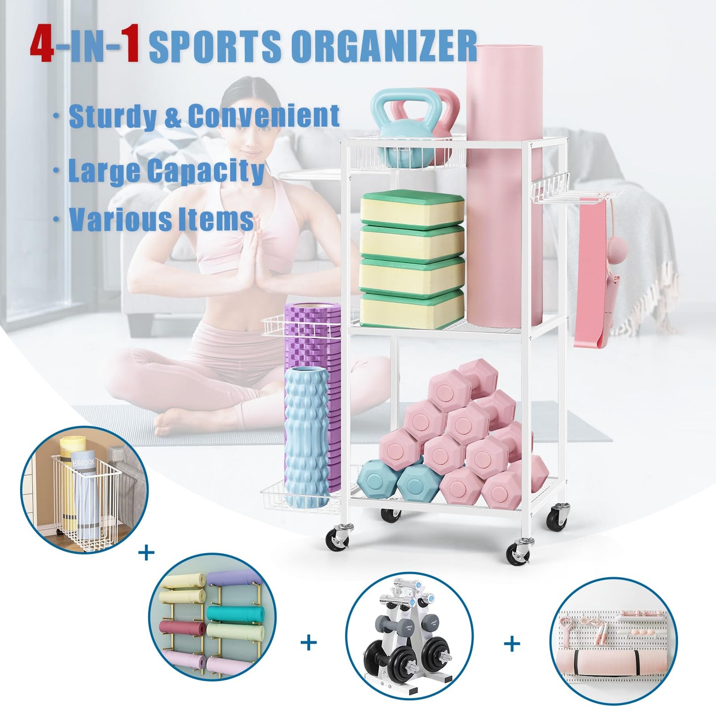 LIANTRAL Yoga Mat Storage Rack - Metal Gym Organizer for Yoga Mats, Foam Rollers & Fitness Equipment, Space Saving Workout Equipment Storage Rack for Home Exercise and Fitness Gear, White