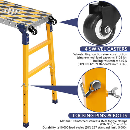 Work Bench+Step Ladder 2 in 1 with 1102 LBS Load Capacity, Versatile Portable Steel Folding Welding Table with Height 23 to 35 inches Adjustable Folding Portable Platform with Non-Slip Mat