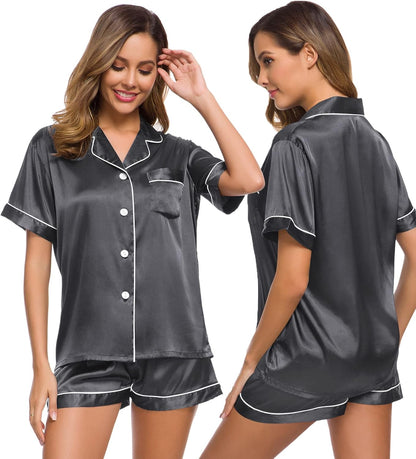 SWOMOG Womens Silk Satin Pajamas Set Short Sleeve Sleepwear Button Down Top and Shorts Loungewear 2 Piece Pjs Set XS-3XL