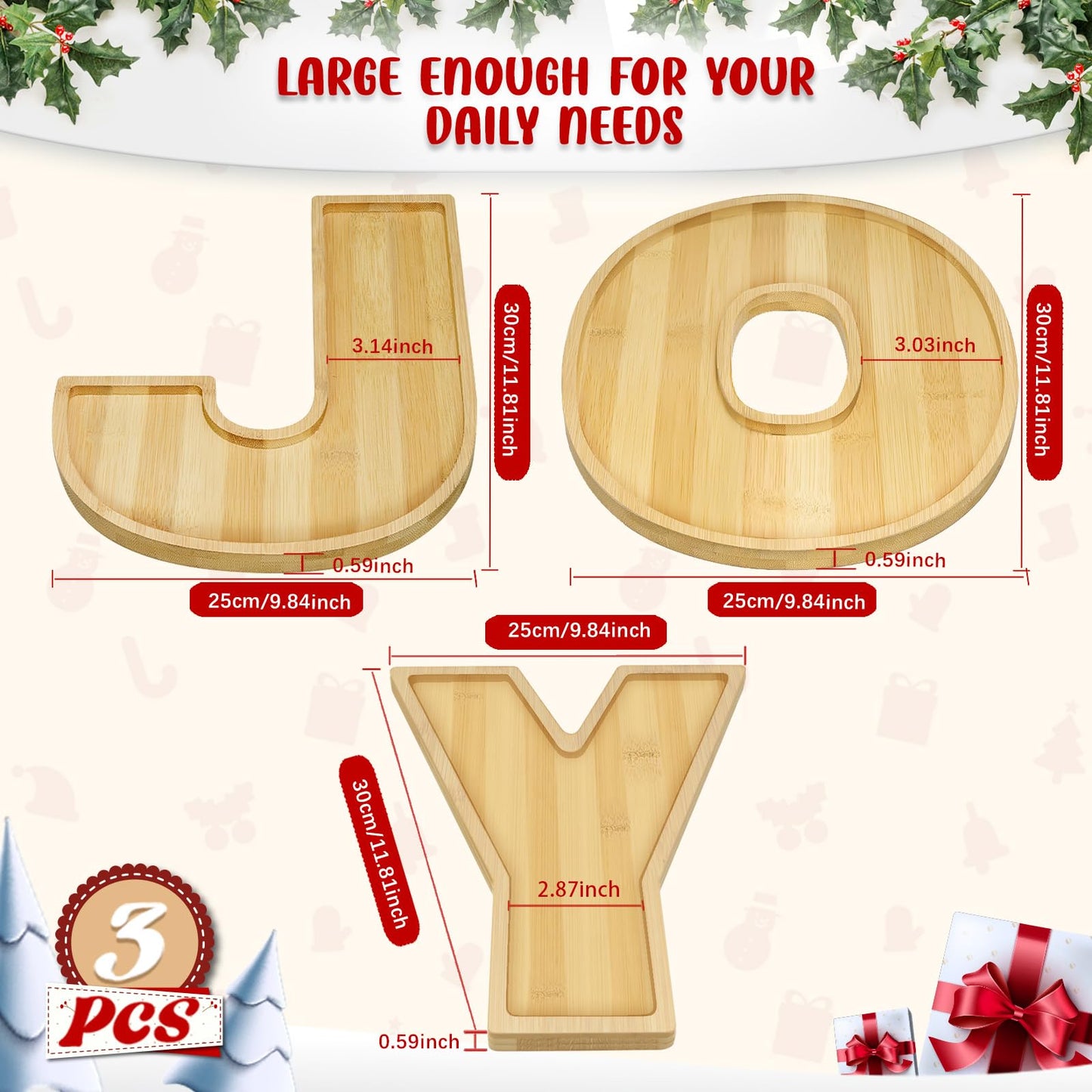 OurWarm 3Pcs Christmas Charcuterie Board, JOY Bamboo Appetizer Serving Platter, Large Candy Dish Snack Platters, Gift Ideas for Housewarming Party