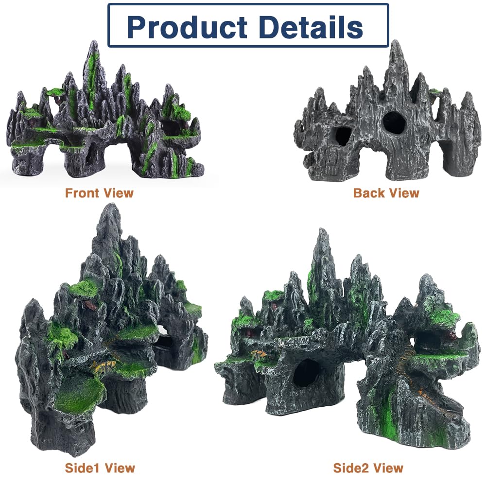 GOLOMOZ Large Fish Tank Decorations - Fish Tank Decor Aquarium Rock Mountain View Aquarium Ornament Tree House Cave Fishtank Rocks for Large Fishtank Glofish Tank Decorations