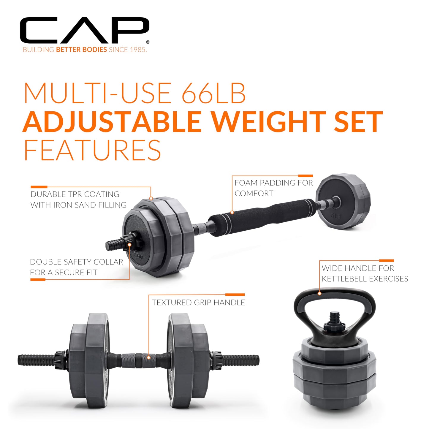CAP Adjustable Weight Set, Multi-Use Adjustable Dumbbell Set for Home Gym Strength Training, Quick Change Free Weights System, Compact Workout Equipment, 66 LB Weight Set
