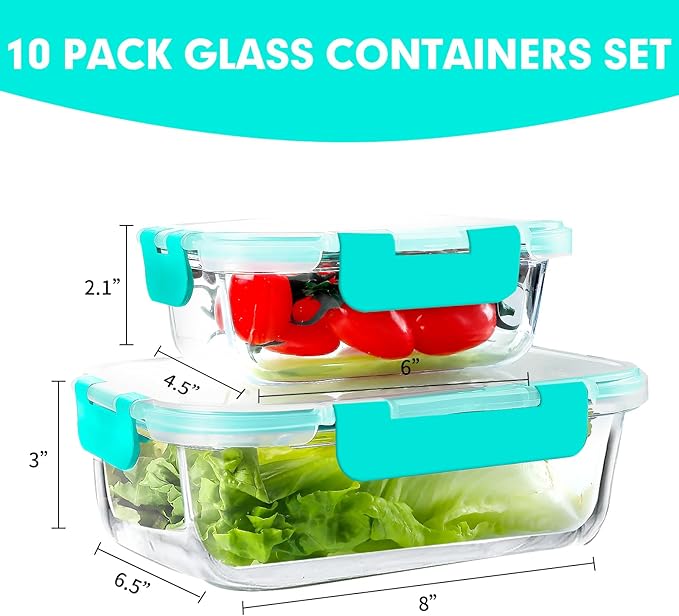 VERONES 10Pack Glass Meal Prep Containers, Airtight Glass Lunch Containers