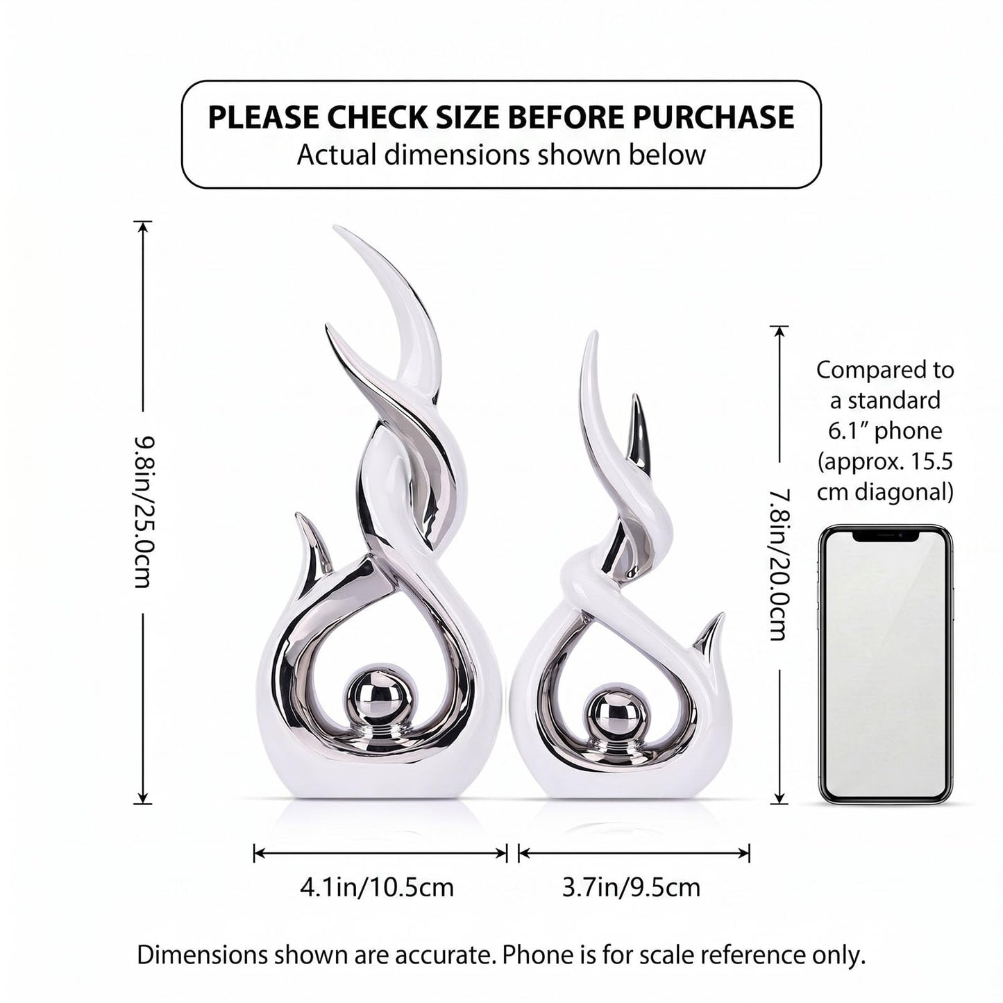 LCCCK White and Silver Abstract Ceramic Sculpture Set of 2 Modern Electroplated Figurines Decorative Statues for Living Room Shelf Mantel Tabletop Home Decor Housewarming Gift