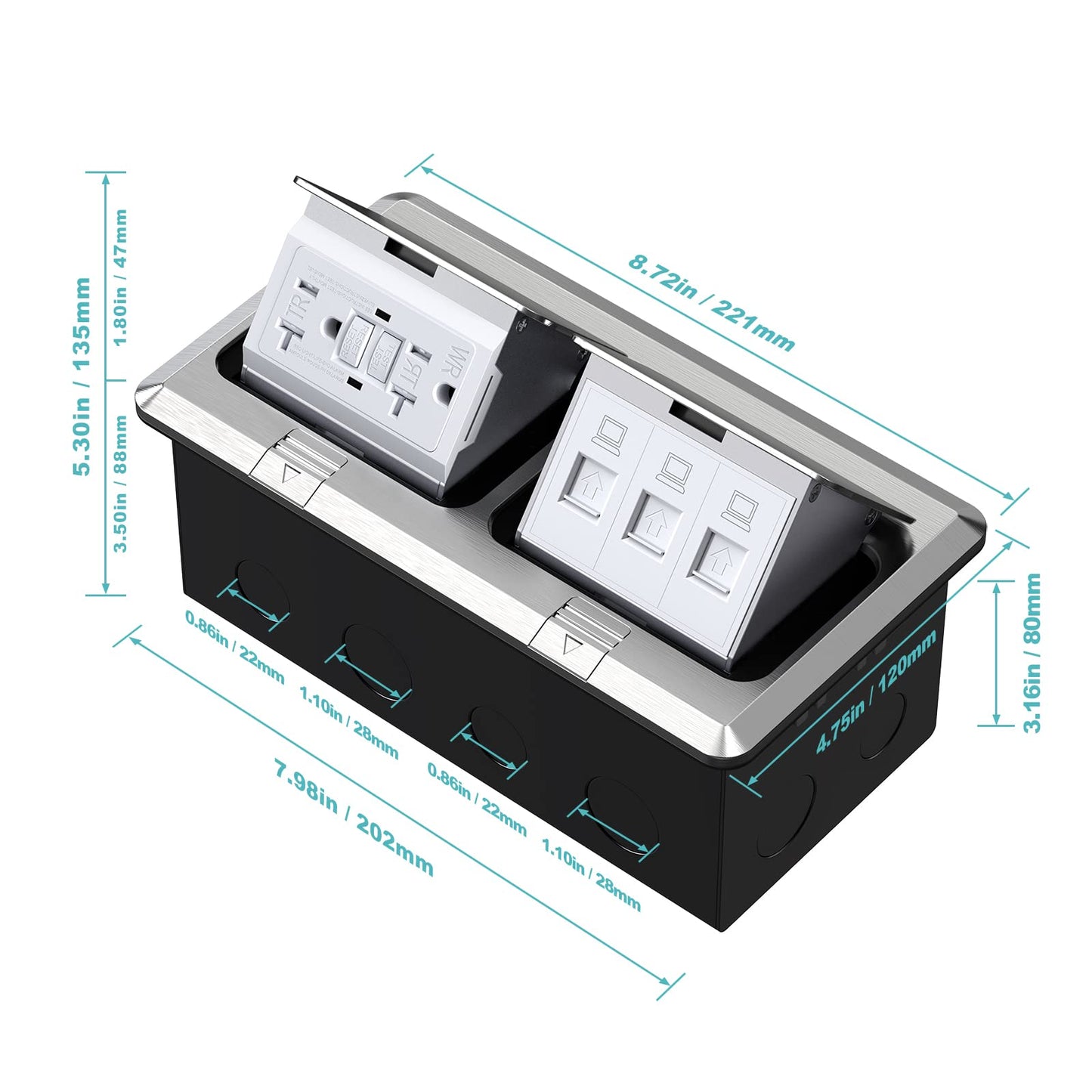 WEBANG Dual Pop-Up Floor Box Electrical Kit, 20 Amp Stainless Steel GFCI Tamper/Weather Resistant Receptacle Outlet, 3-Port RJ45 Datacom Receptacle, Brushed Nickel