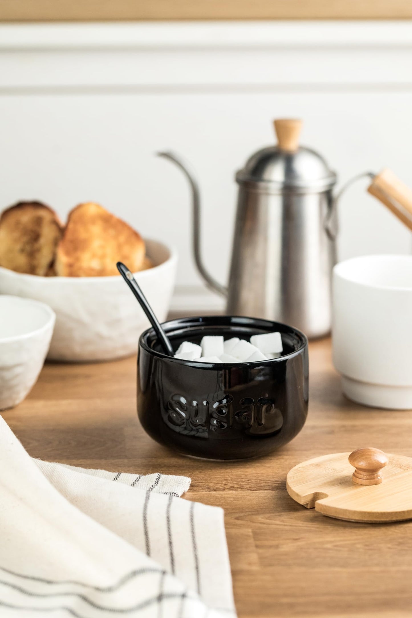 LYEOBOH Sugar Bowl 17 OZ Sugar Jar, Sugar Container for Coffee Bar, Ceramic Jar with Lid and Espresso Cups and Saucers Set, Ceramic Coffee Cup 3 Ounces Small Demitasse Cups Espresso Mugs