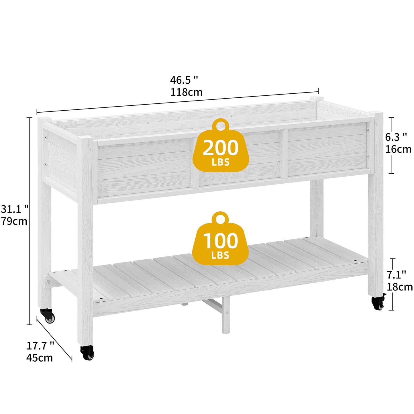 DWVO 47x18x3in Raised Garden Bed HDPE Outdoor with Legs and Lockable Wheels, Weather-Resistant Poly-Wood Elevated Planter Box, Double Tier Planters for Backyard Patio Balcony, White