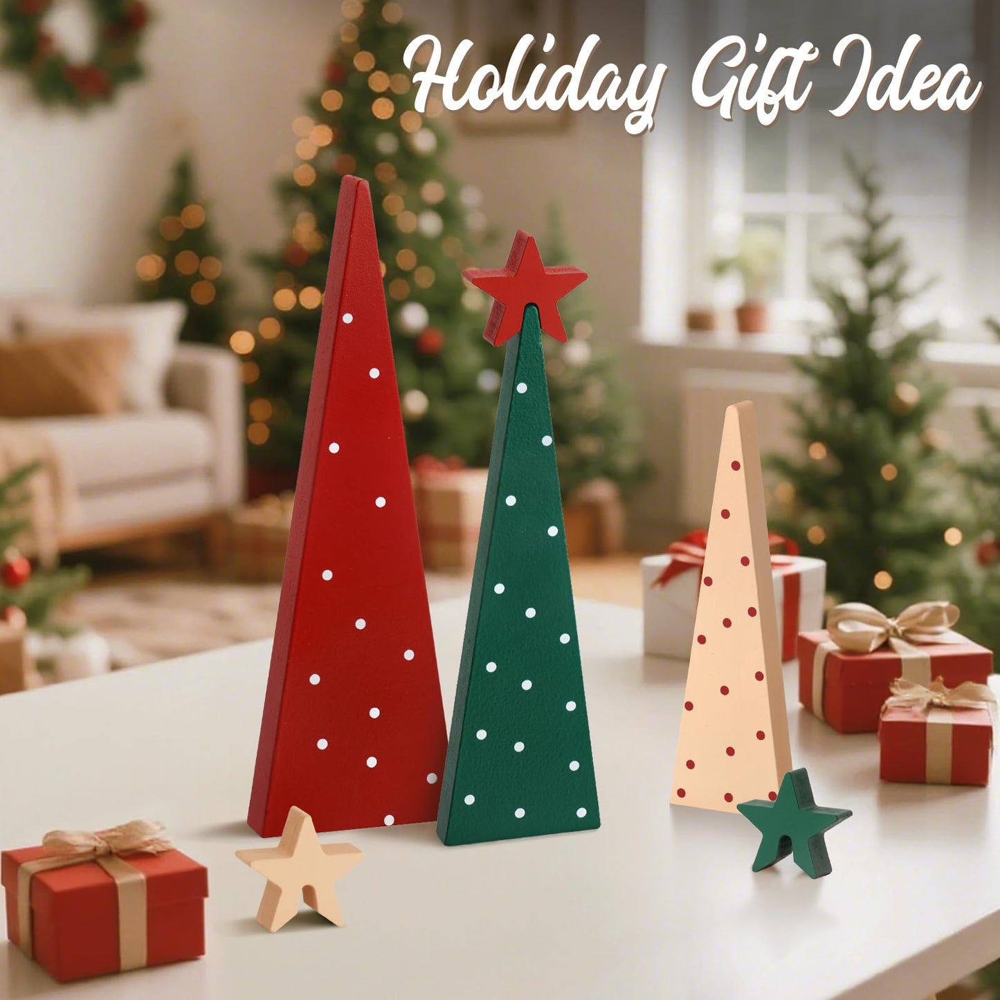 Shzbtdo Christmas Table Decorations, 3 Mini Christmas Tree Tabletop Centerpieces with Detachable Stars, Wooden Xmas Decorations Indoor for Mantel Fireplace Kitchen Office Decor