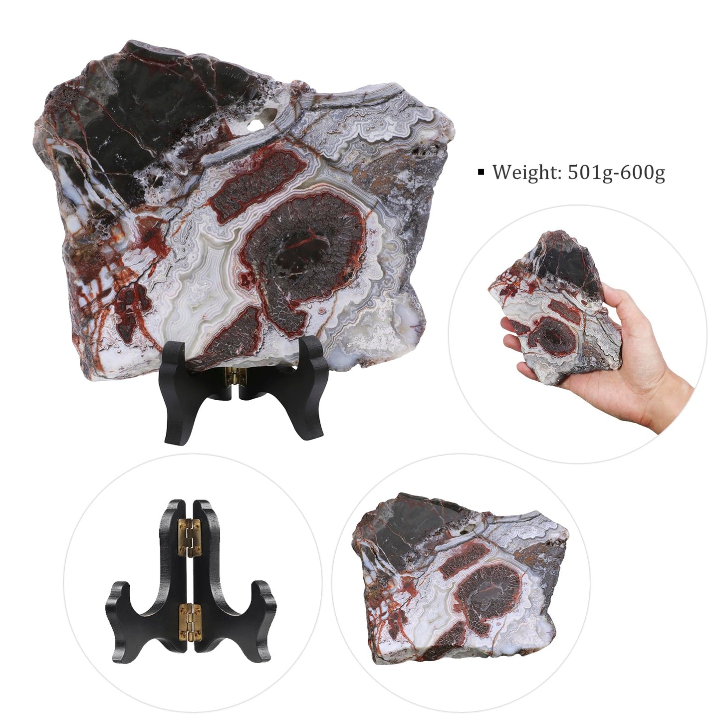 Sportmusies Natural Mexican Agate Slice with Wooden Stand, Irregular-Shaped Polished Crystal Slab Decoration for Home Office, 1.15-1.37 lb