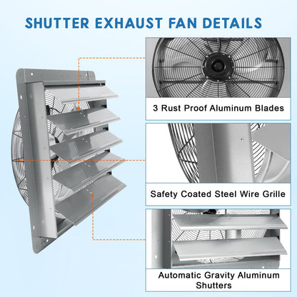 Shutter Exhaust Fan, 24" Aluminum Wall Mounted Shutter Exhaust Fan, 3500 CFM 1500 RPM Paint Booth Automatic Exhaust Fans, High Speed Low Noise for Attic, Garage, Greenhouses, Sheds