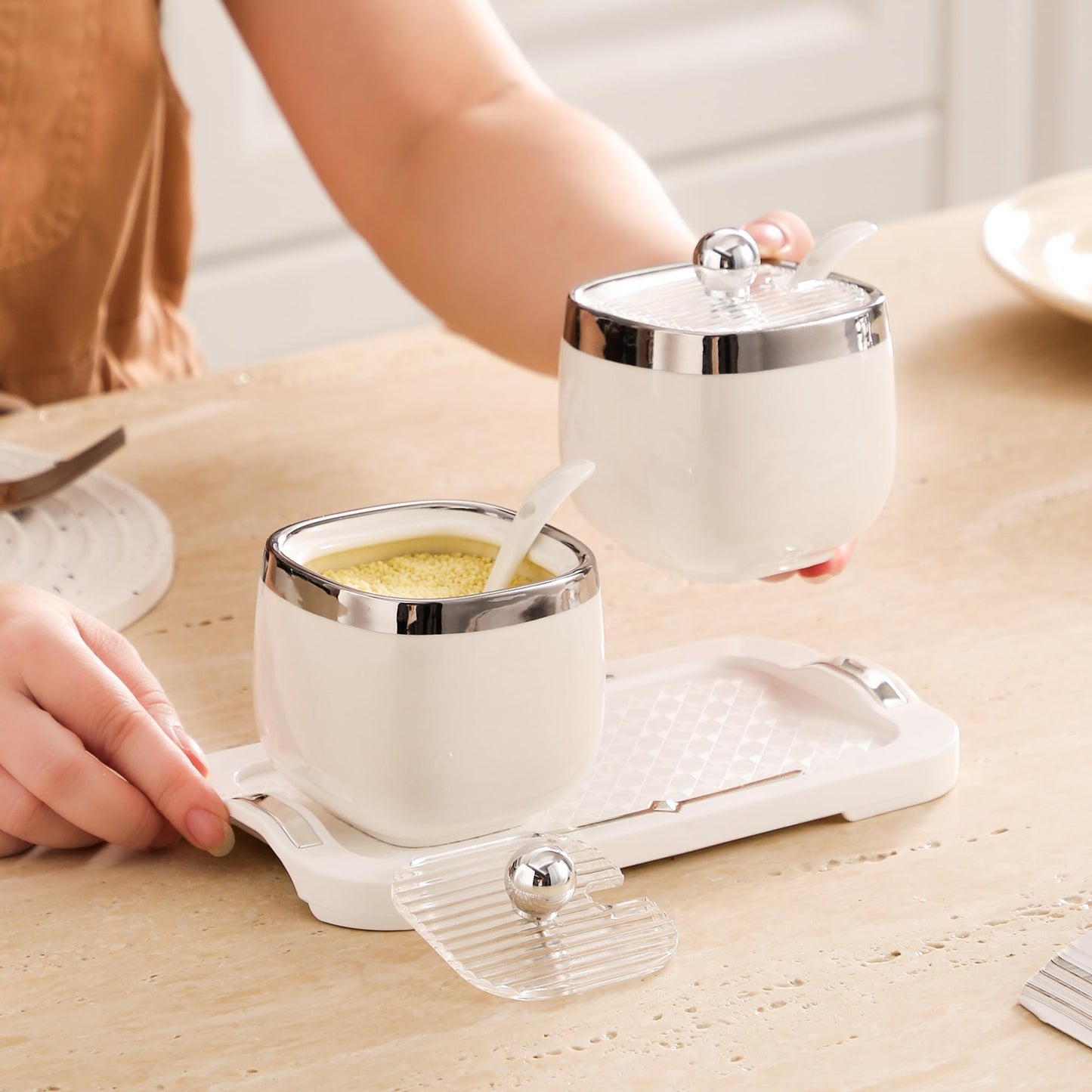 shuqiao Porcelain Condiment Jar Spice Container with Lid - Ceramic Spoon, Plastic Tray is the best clay pot for your home, kitchen, counter. White, 280 ml (9.4 oz), 2-piece set (3, Circle)