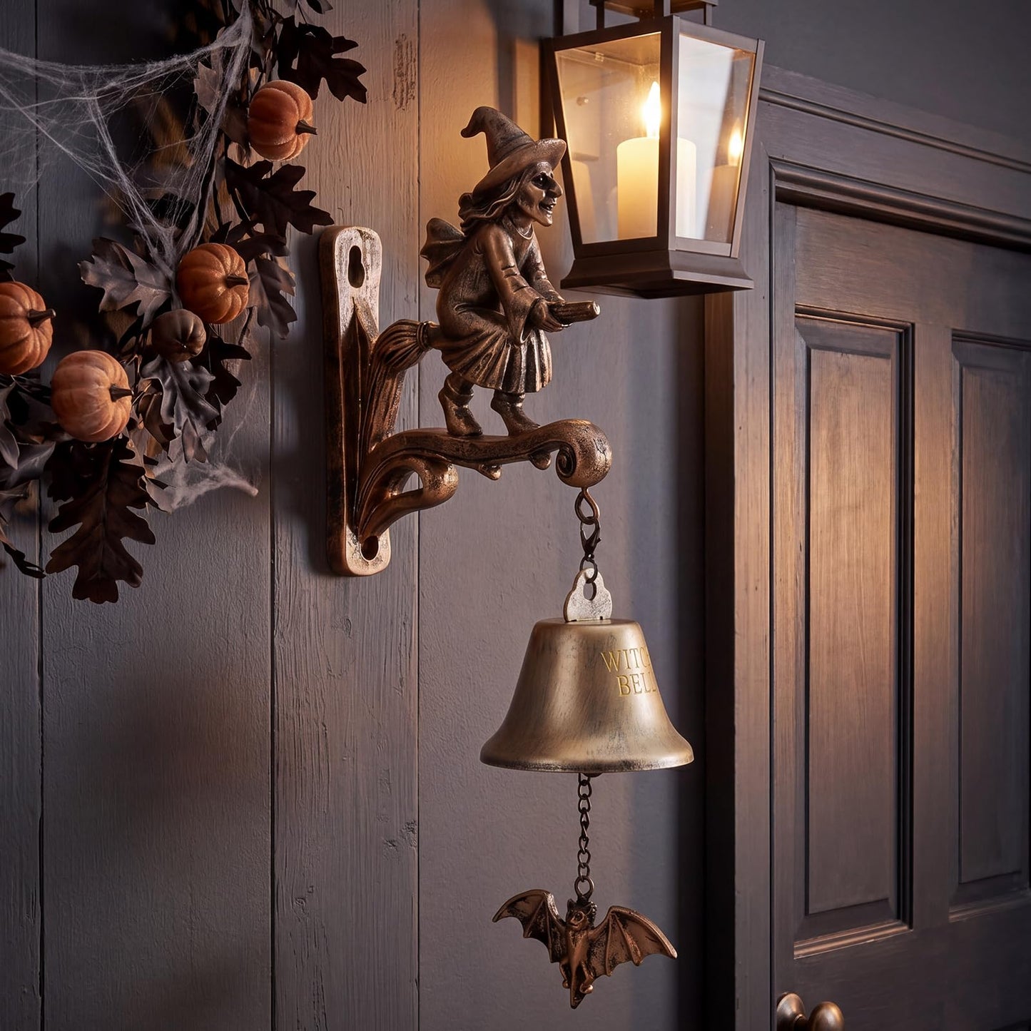 BrightRow Halloween Witch Bell Wall Mounted Cast Iron Resin Gothic Doorbells with Bat Clapper 3D Iron Witch Bells for Home Protection Witchcraft Supplies Door Bell Decoration for Porch Garde