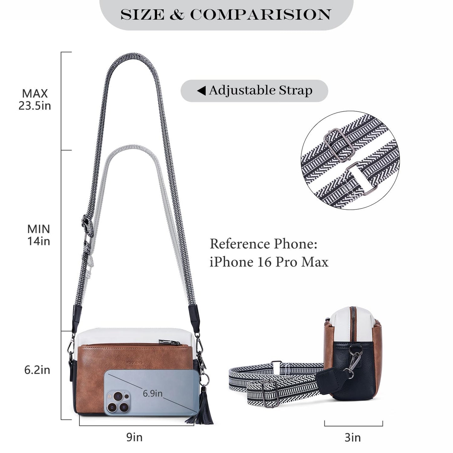 Roulens Triple Zip Small Crossbody Bag for women,Wide Strap Cell Phone Purse Shoulder Handbag Wallet with Credit Card Slots
