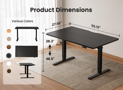 BANTI 55 × 28 Inches Standing Desk, Ergonomic, Electric Height Adjustable, Sit and Stand Up, Computer Desk with a Deeper Desktop, Black Frame/Black Top