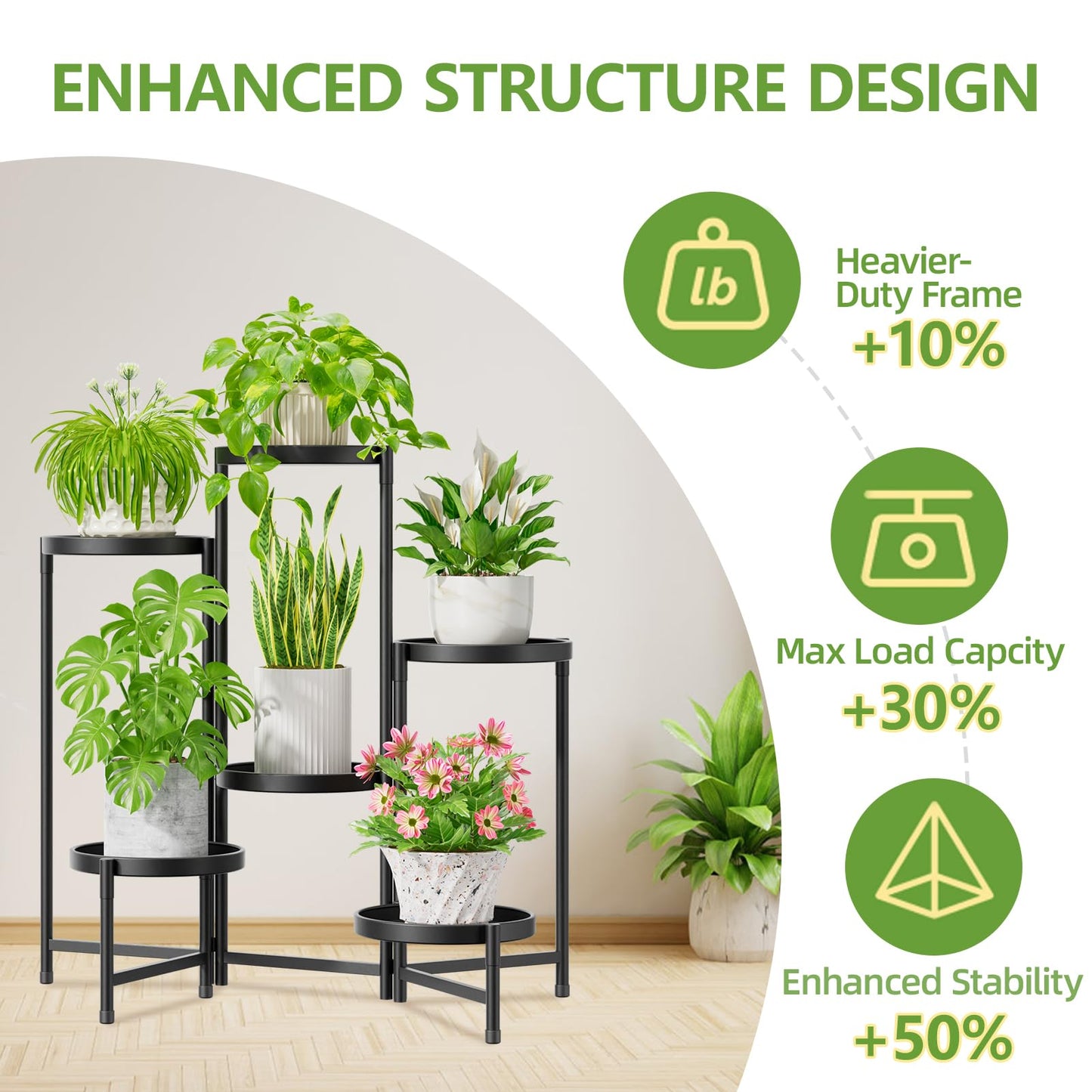 iDavosic.ly 6 Tier Large Plant Stand Indoor with 10 Inch Wide Tray, Tiered Corner Metal Outdoor Flower Display Holder Shelf, Folding Tall Rack for Patio Porch Living Room, Modern Black