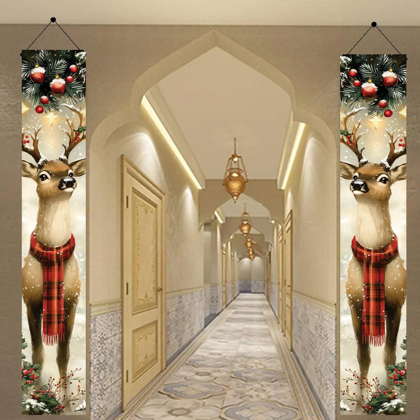 Saoplasa 2PCS Christmas Porch Banner Reindeer with Scarf Vertical Hanging Decorations for Front Door Outdoor Winter Holiday Welcome Sign Plaid Deer Wall Decor Xmas Entryway Background 71 x 12 Inch