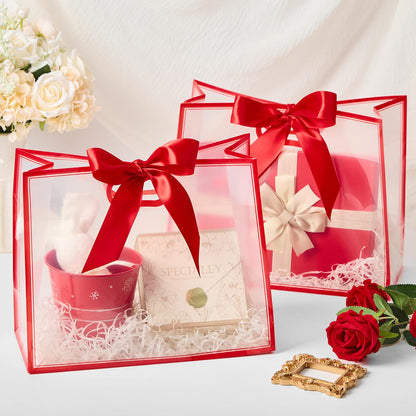 Ohuimrt Clear Plastic Gift Bags with Handles, 12 Pack, Red