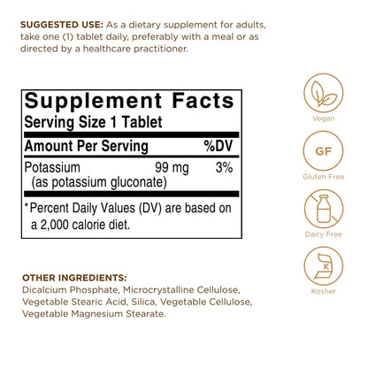 Solgar Potassium Tablets - Essential Electrolyte - Supports Nerve and Muscle Function - For Normal Blood Pressure - Vegan - 100 count (pack of 1)